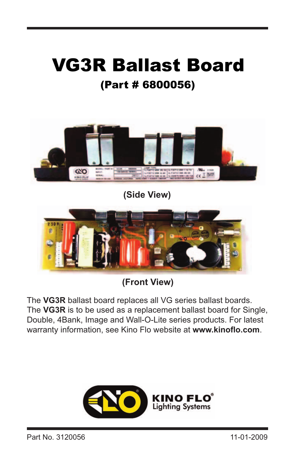 Kino Flo VG3R Ballast Board User Manual | 4 pages