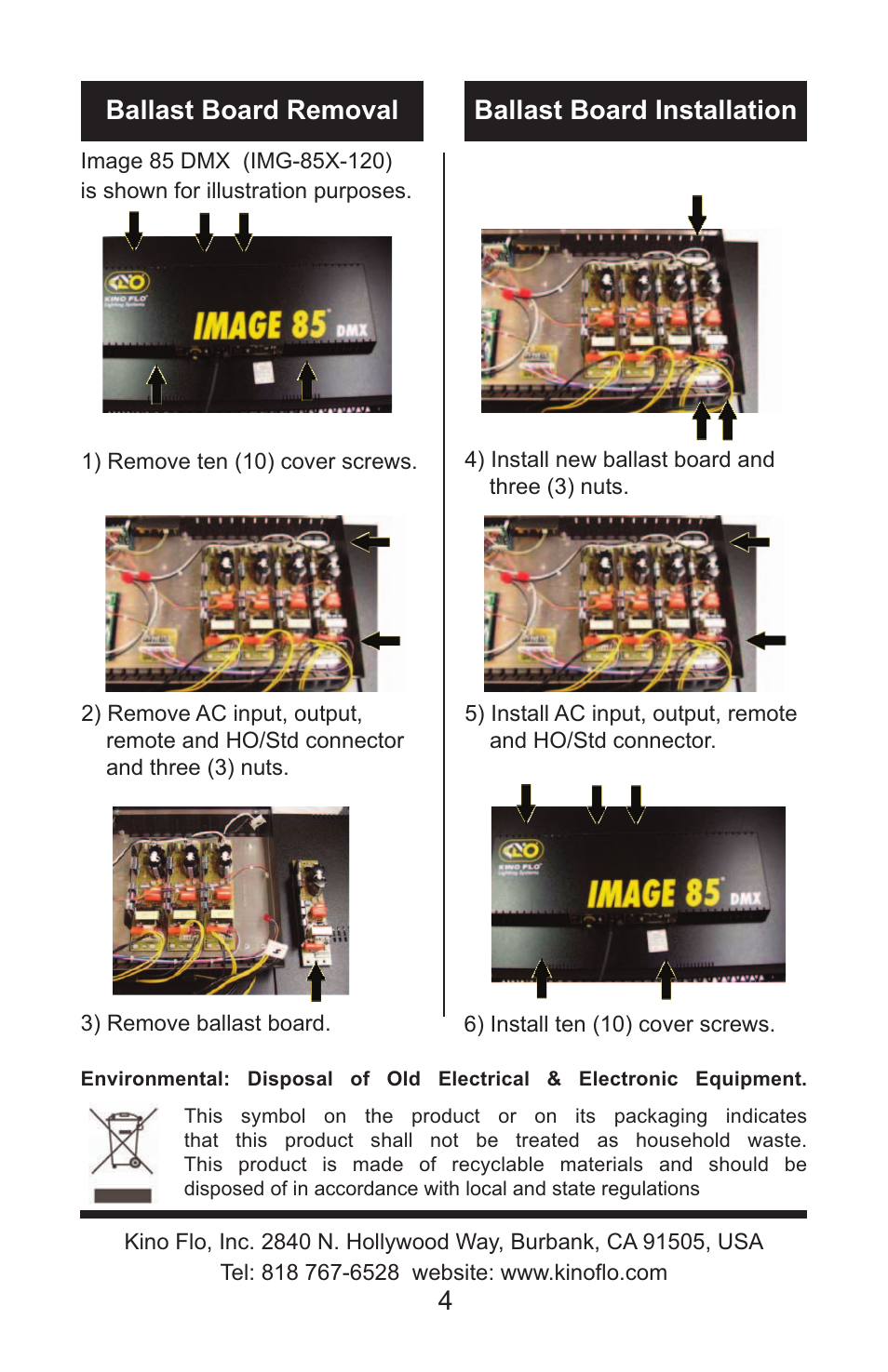 4ballast board removal ballast board installation | Kino Flo VG3R Ballast Board User Manual | Page 4 / 4