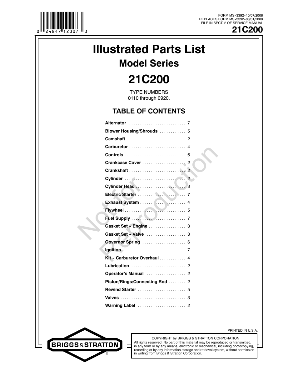 Briggs & Stratton 21C200 0110 User Manual | 12 pages