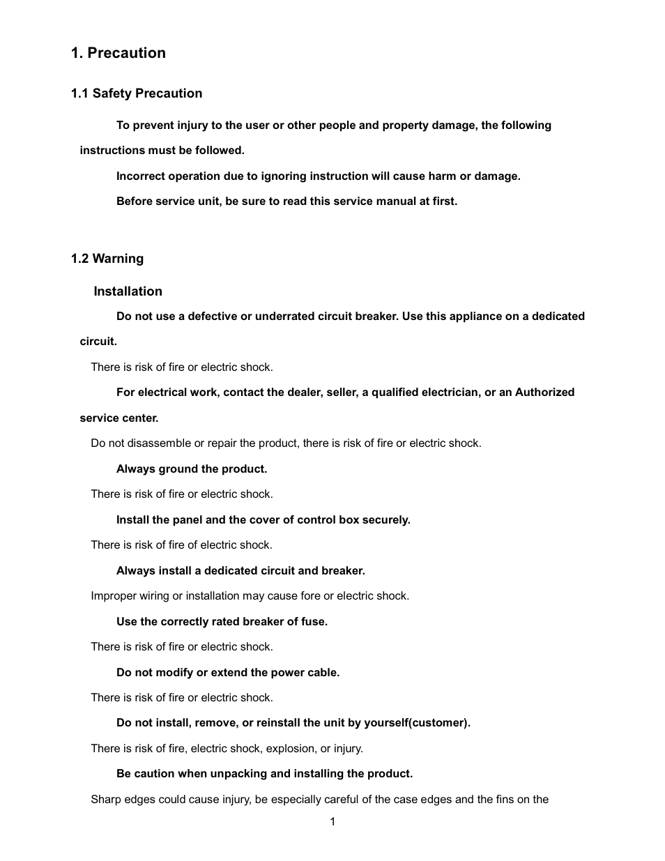 Precaution | Klimaire KSIN Series Service Manual User Manual | Page 3 / 66