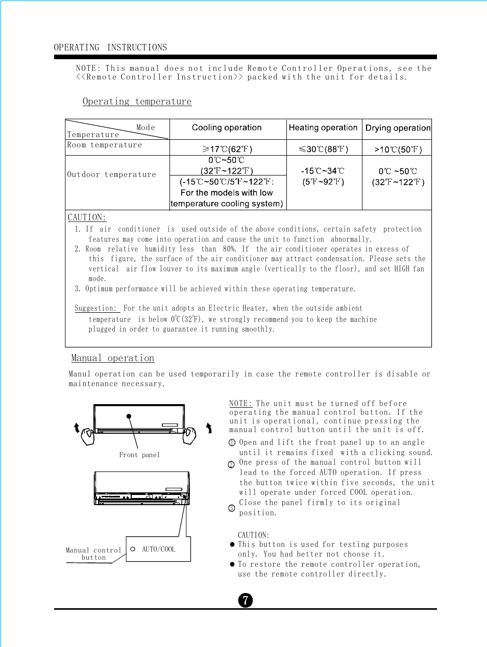 Operating temperature, Manual operation | Klimaire KSIL036-H215 User Manual User Manual | Page 8 / 16