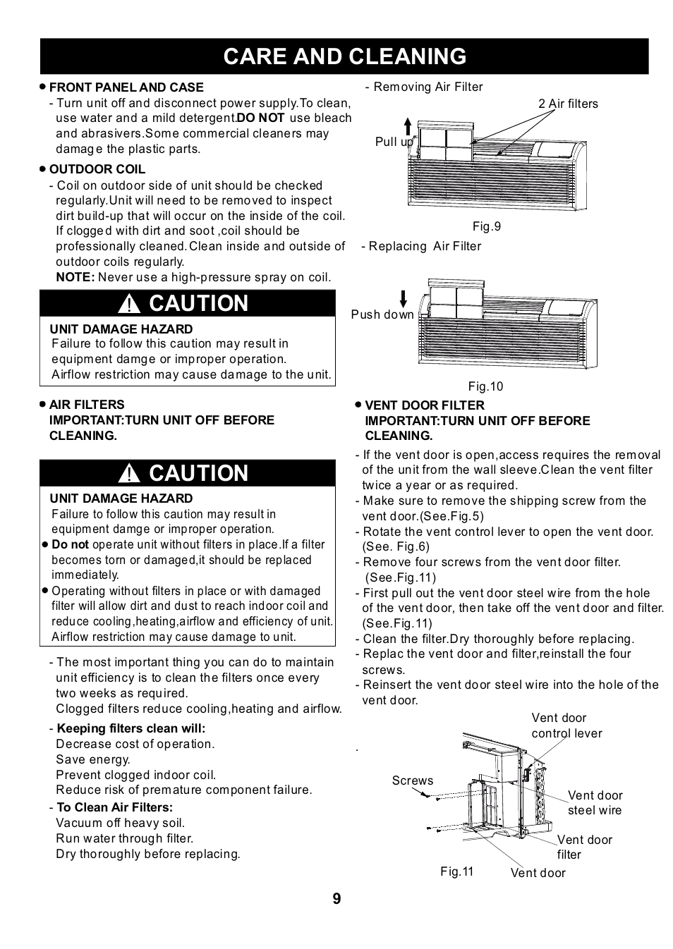 Care and cleaning, Caution | Klimaire KTHM015-E5H2 PTAC Installation Manual User Manual | Page 10 / 12