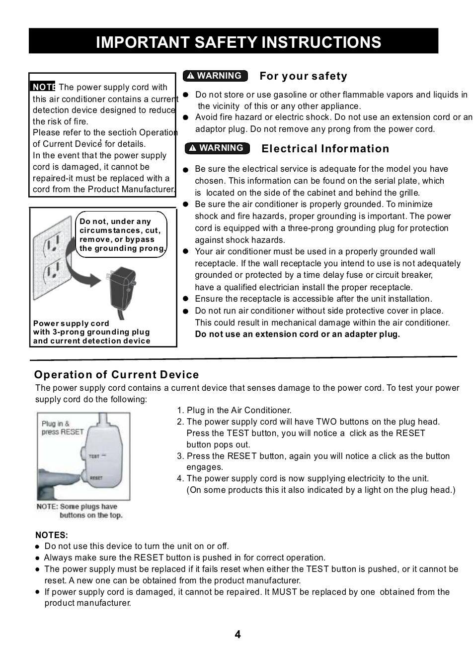 Important safety instructions, For your safety, El ectrical infor mation | Op er atio n of cu r rent d evice | Klimaire KTHM015-E5H2 PTAC Installation Manual User Manual | Page 5 / 12