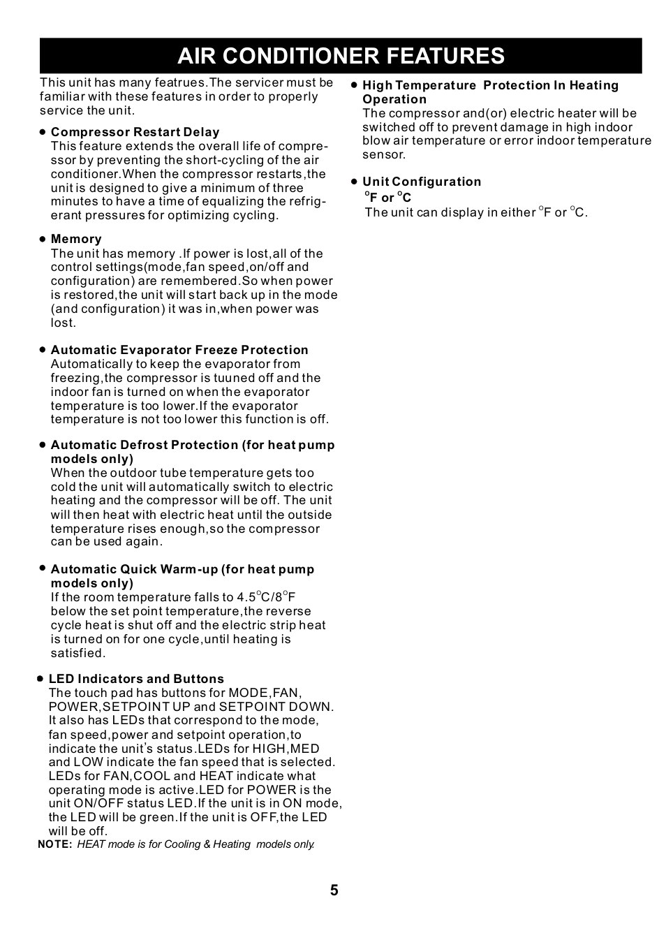 Air conditioner features | Klimaire KTHM015-E5H2 PTAC Installation Manual User Manual | Page 6 / 12