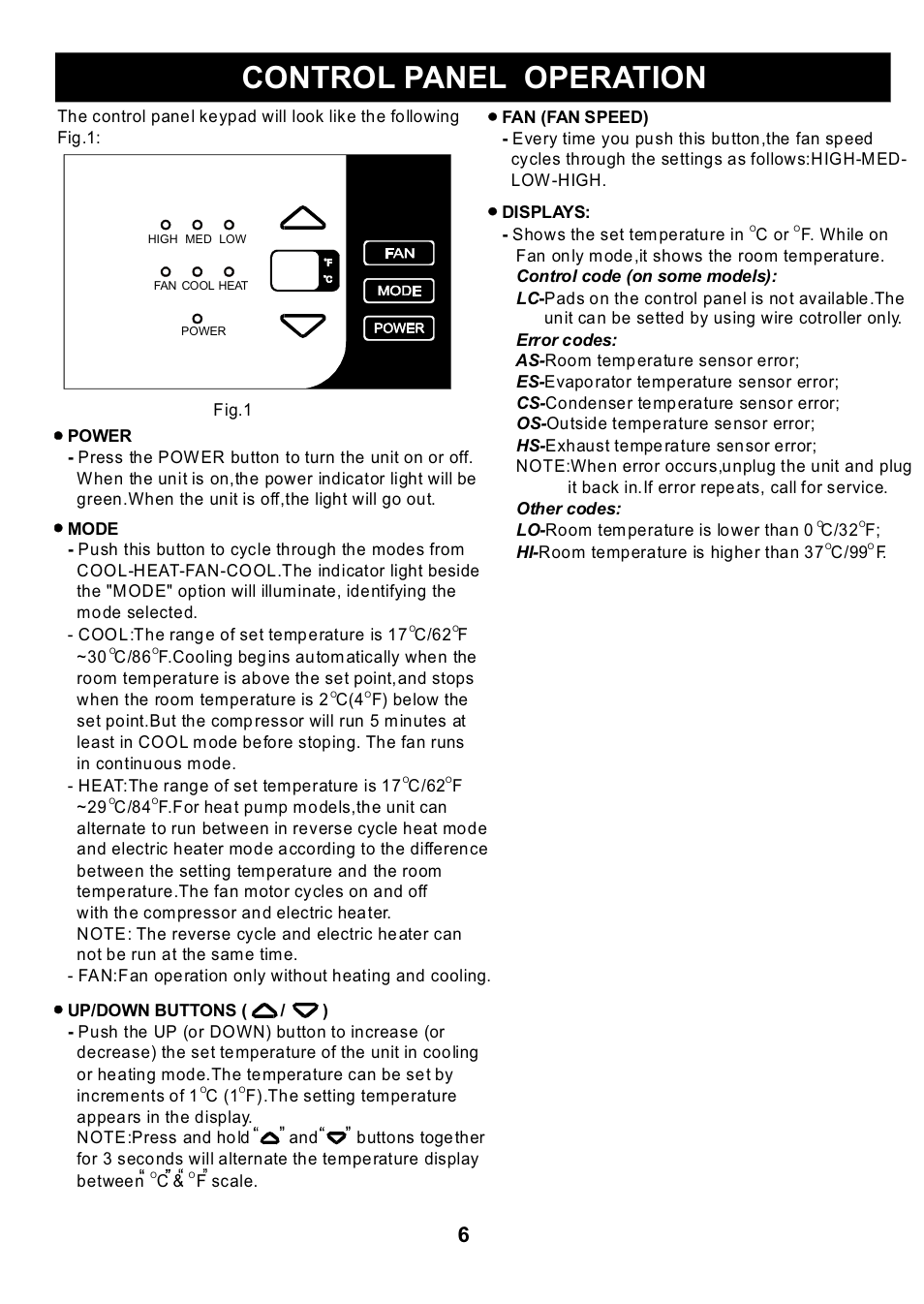 Control panel operation | Klimaire KTHM015-E5H2 PTAC Installation Manual User Manual | Page 7 / 12