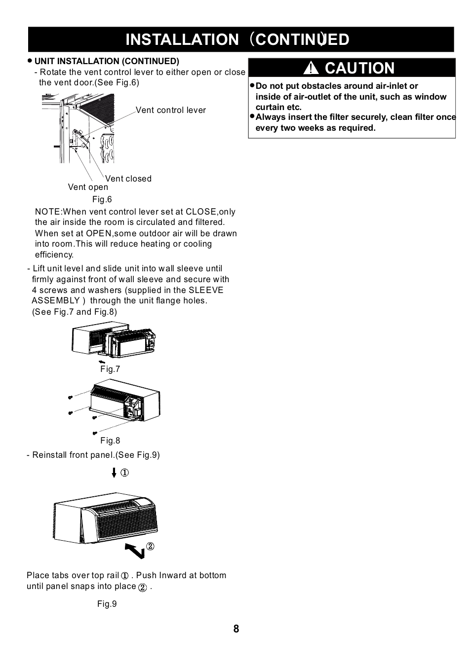 Installation continued, Caution | Klimaire KTHM015-E5H2 PTAC Installation Manual User Manual | Page 9 / 12