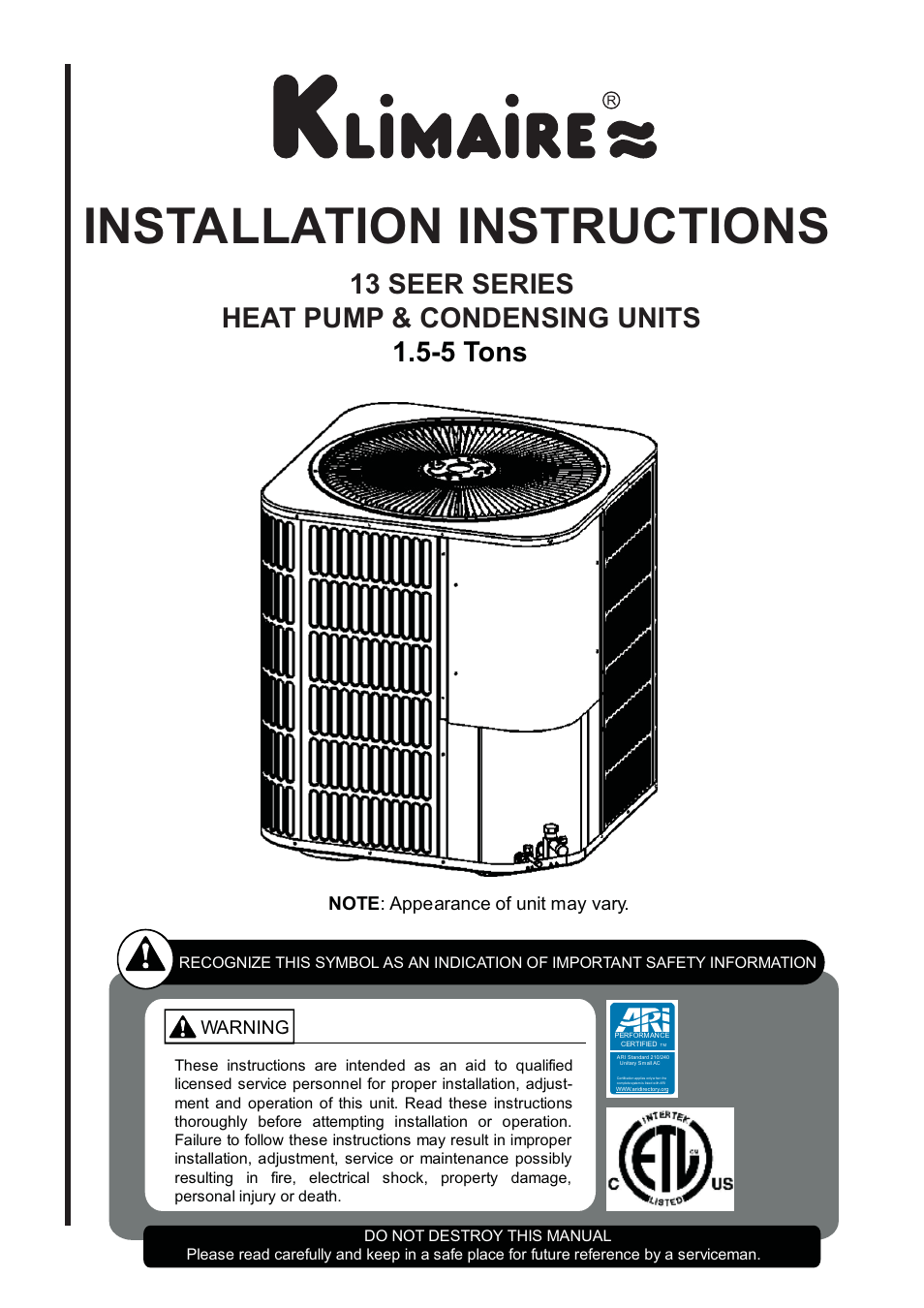 Klimaire 13 SEER Series User Manual | 26 pages