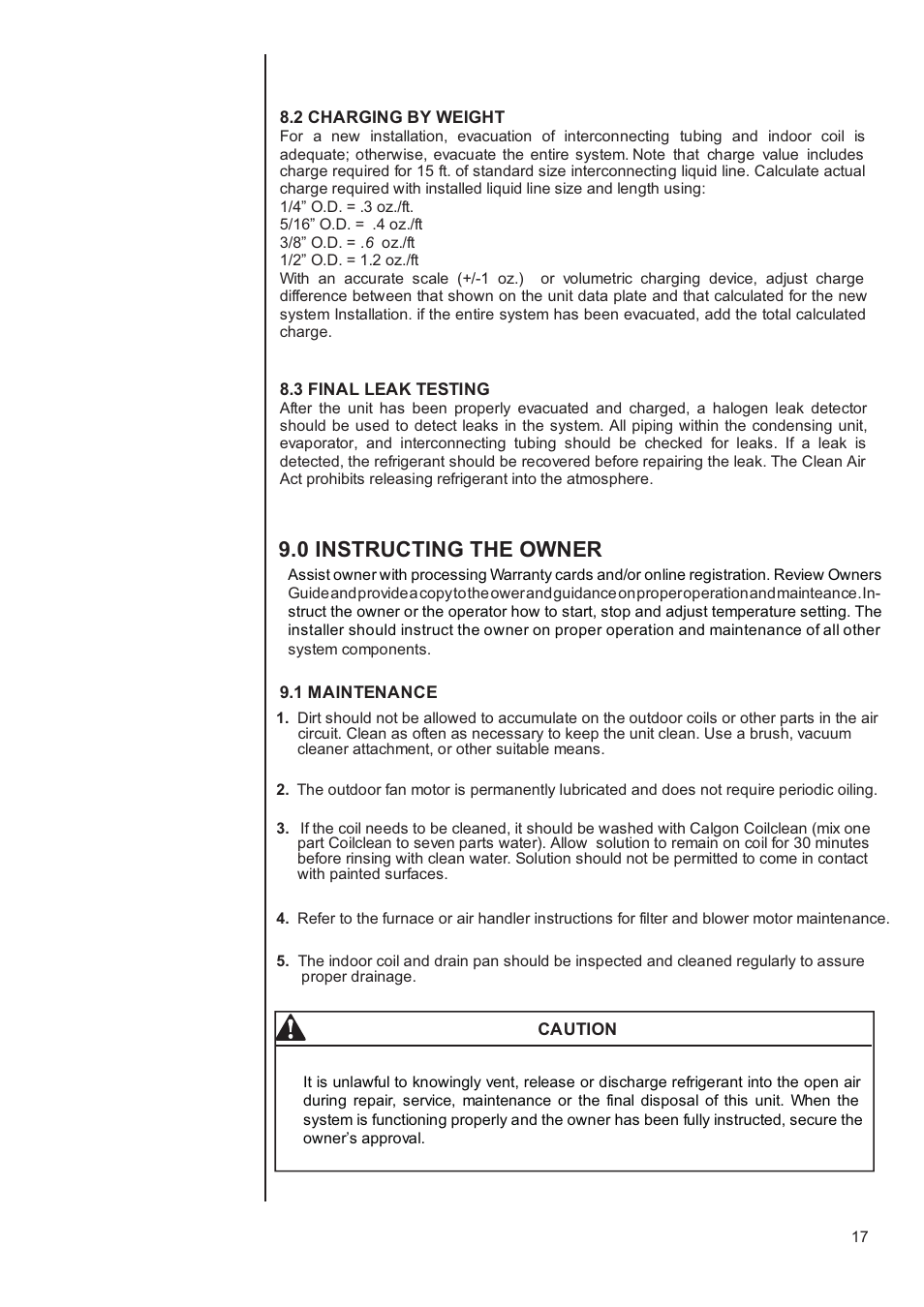 0 instructing the owner | Klimaire 13 SEER Series User Manual | Page 18 / 26