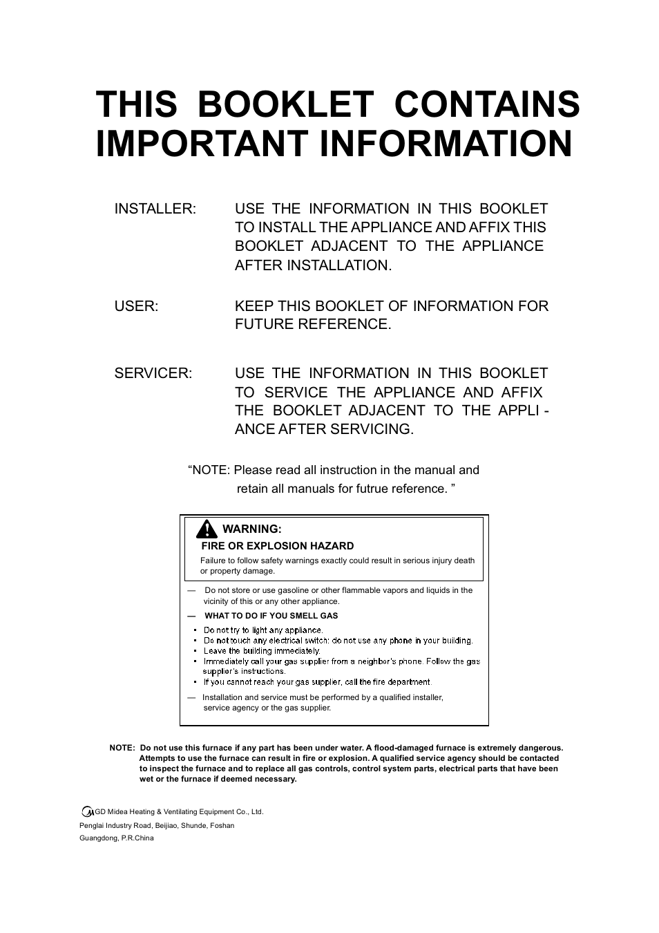 This booklet contains important information | Klimaire GM80S Series User Manual | Page 2 / 37