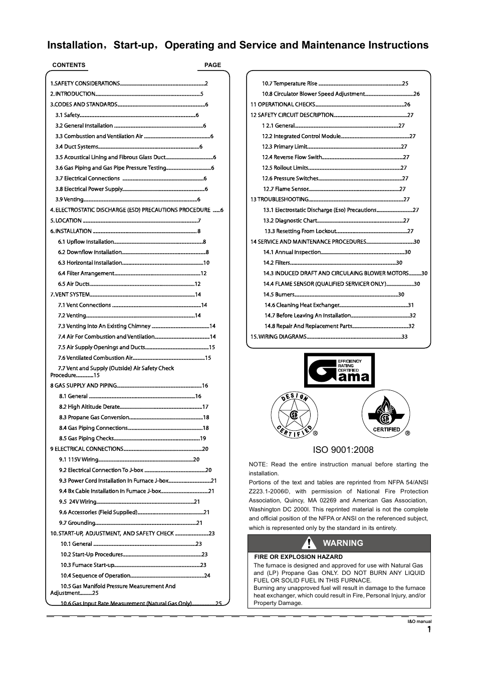 Warning | Klimaire GM80S Series User Manual | Page 3 / 37