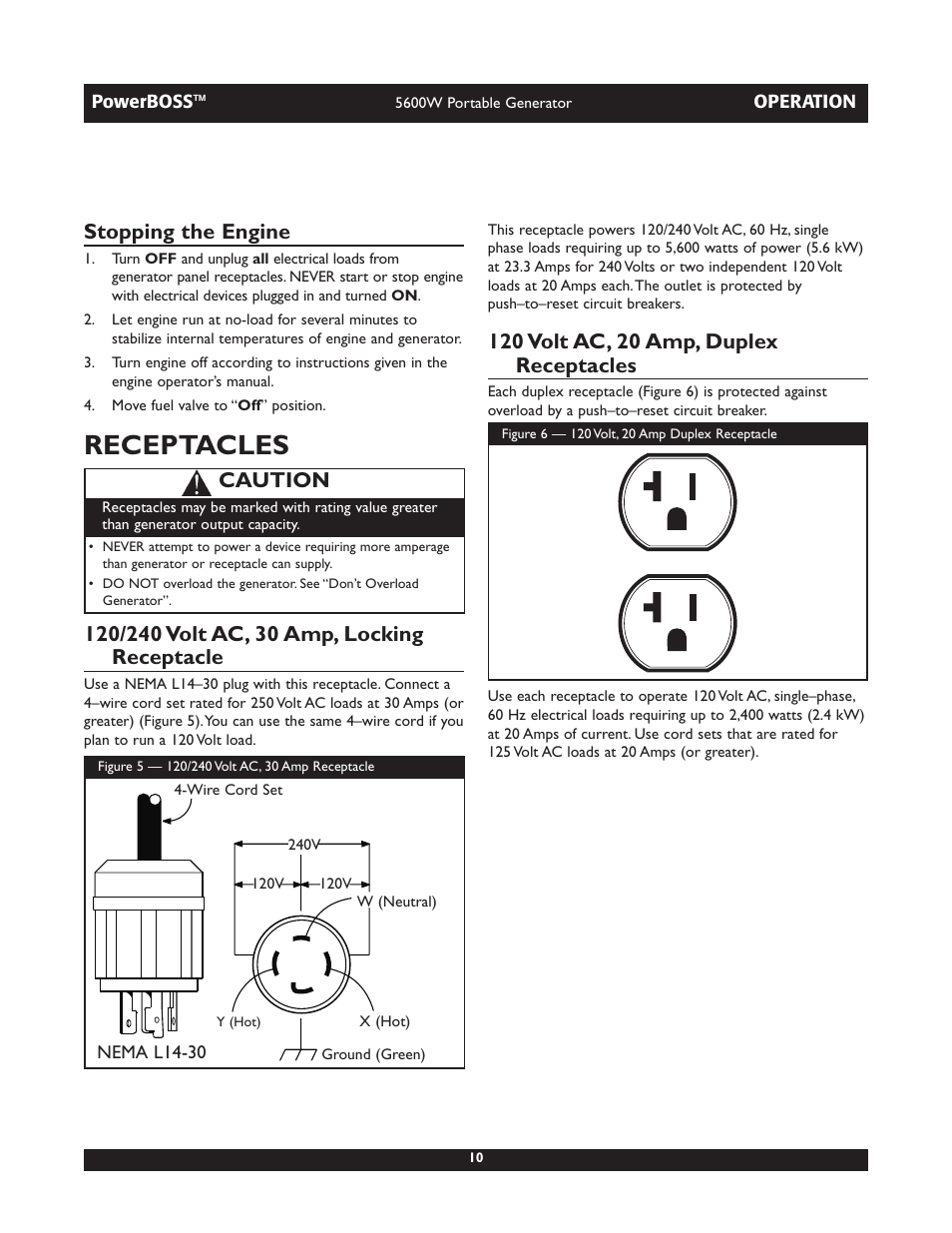 Receptacles, Stopping the engine, Caution | Briggs & Stratton PowerBoss 30230 User Manual | Page 10 / 28