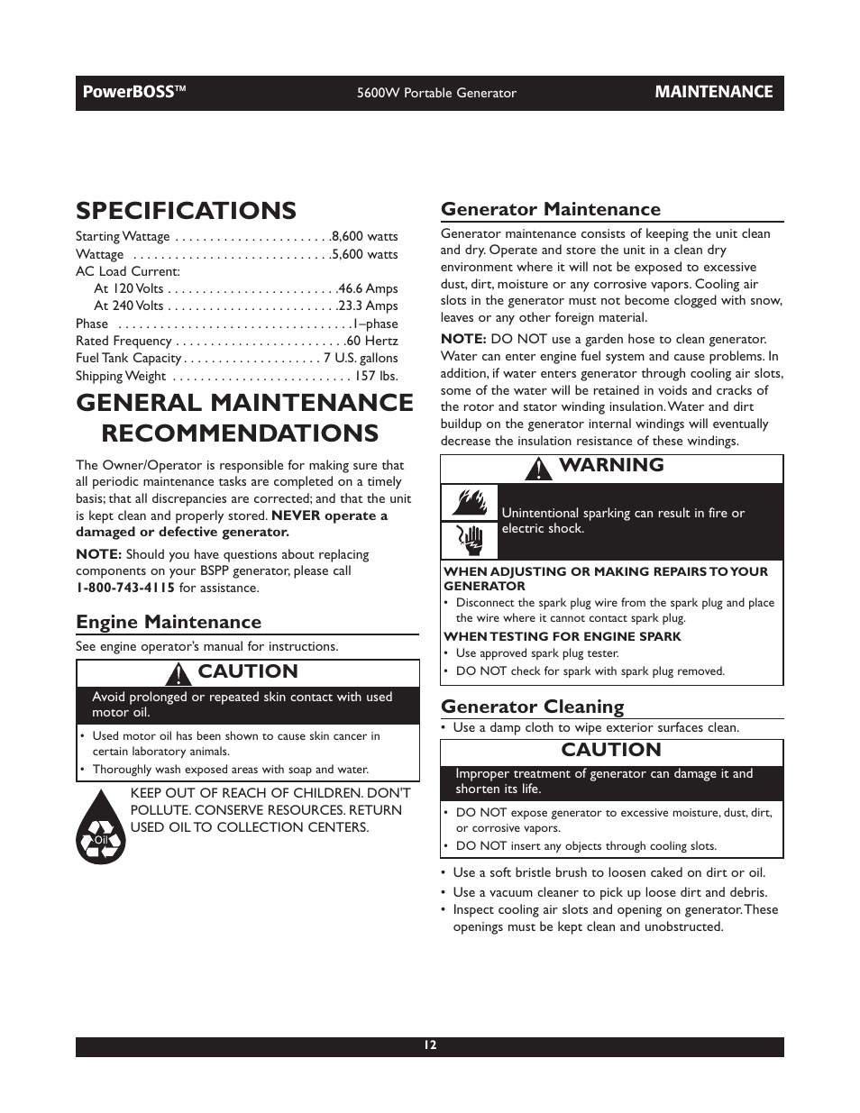 Specifications, General maintenance recommendations, Engine maintenance | Generator maintenance, Generator cleaning, Caution, Warning | Briggs & Stratton PowerBoss 30230 User Manual | Page 12 / 28