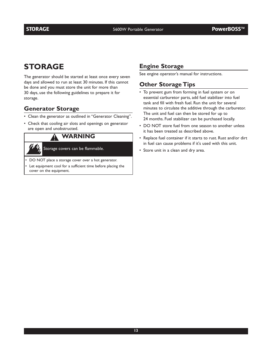 Storage, Generator storage, Engine storage | Other storage tips, Warning | Briggs & Stratton PowerBoss 30230 User Manual | Page 13 / 28