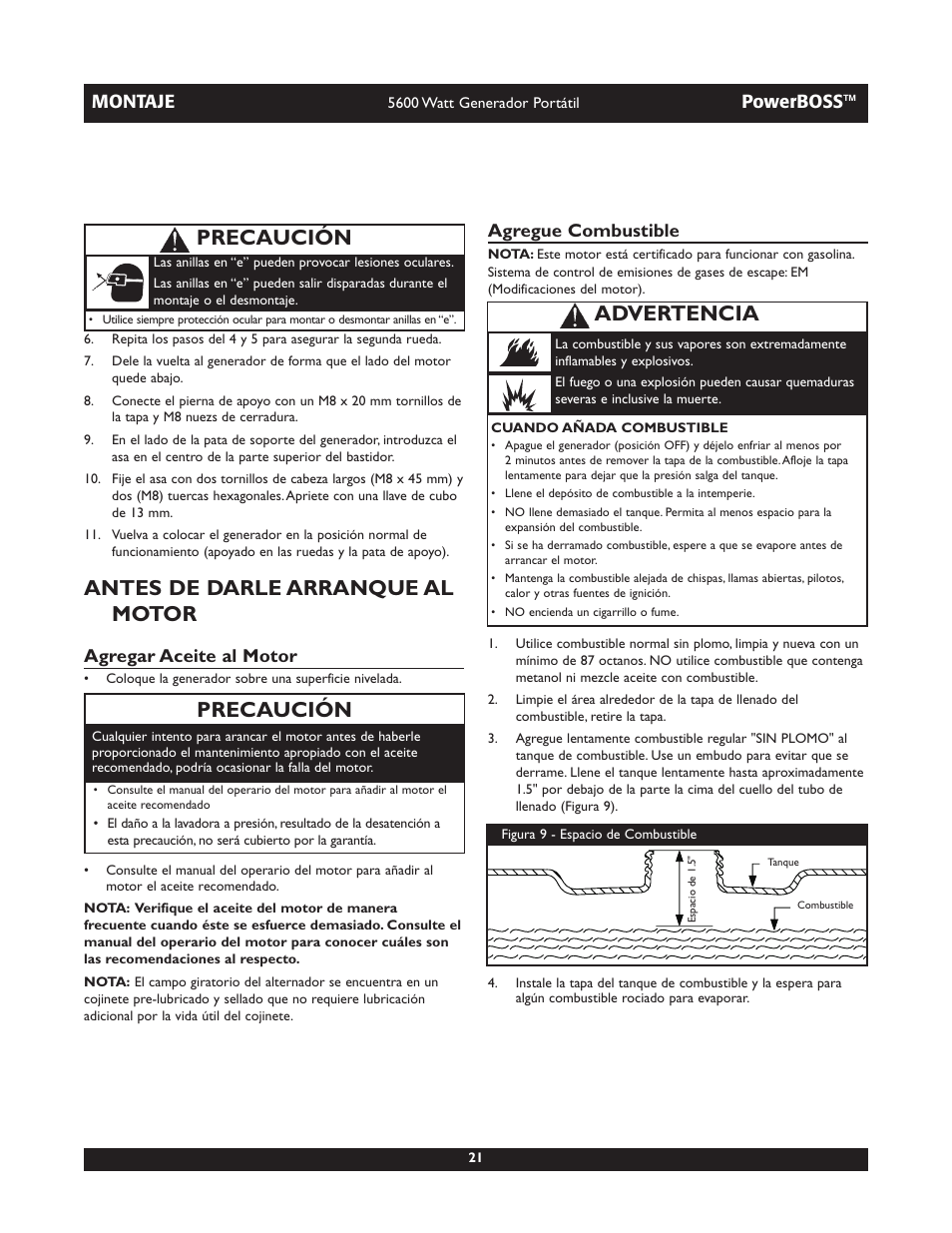 Antes de darle arranque al motor, Precaución, Advertencia | Montaje, Powerboss, Agregar aceite al motor, Agregue combustible | Briggs & Stratton PowerBoss 30230 User Manual | Page 21 / 28