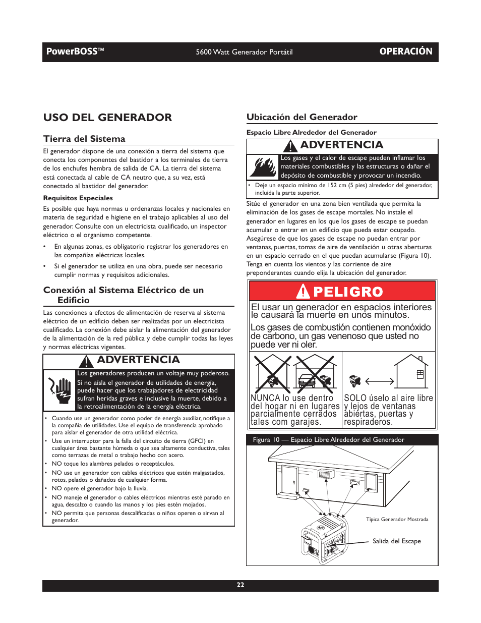 Uso del generador, Advertencia | Briggs & Stratton PowerBoss 30230 User Manual | Page 22 / 28