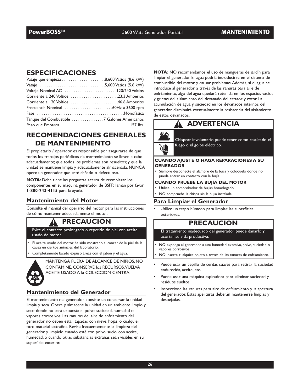 Especificaciones, Recomendaciones generales de mantenimiento, Precaución | Advertencia | Briggs & Stratton PowerBoss 30230 User Manual | Page 26 / 28