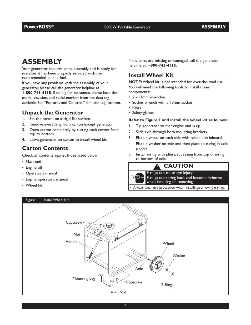 Assembly, Unpack the generator, Carton contents | Install wheel kit, Caution | Briggs & Stratton PowerBoss 30230 User Manual | Page 6 / 28