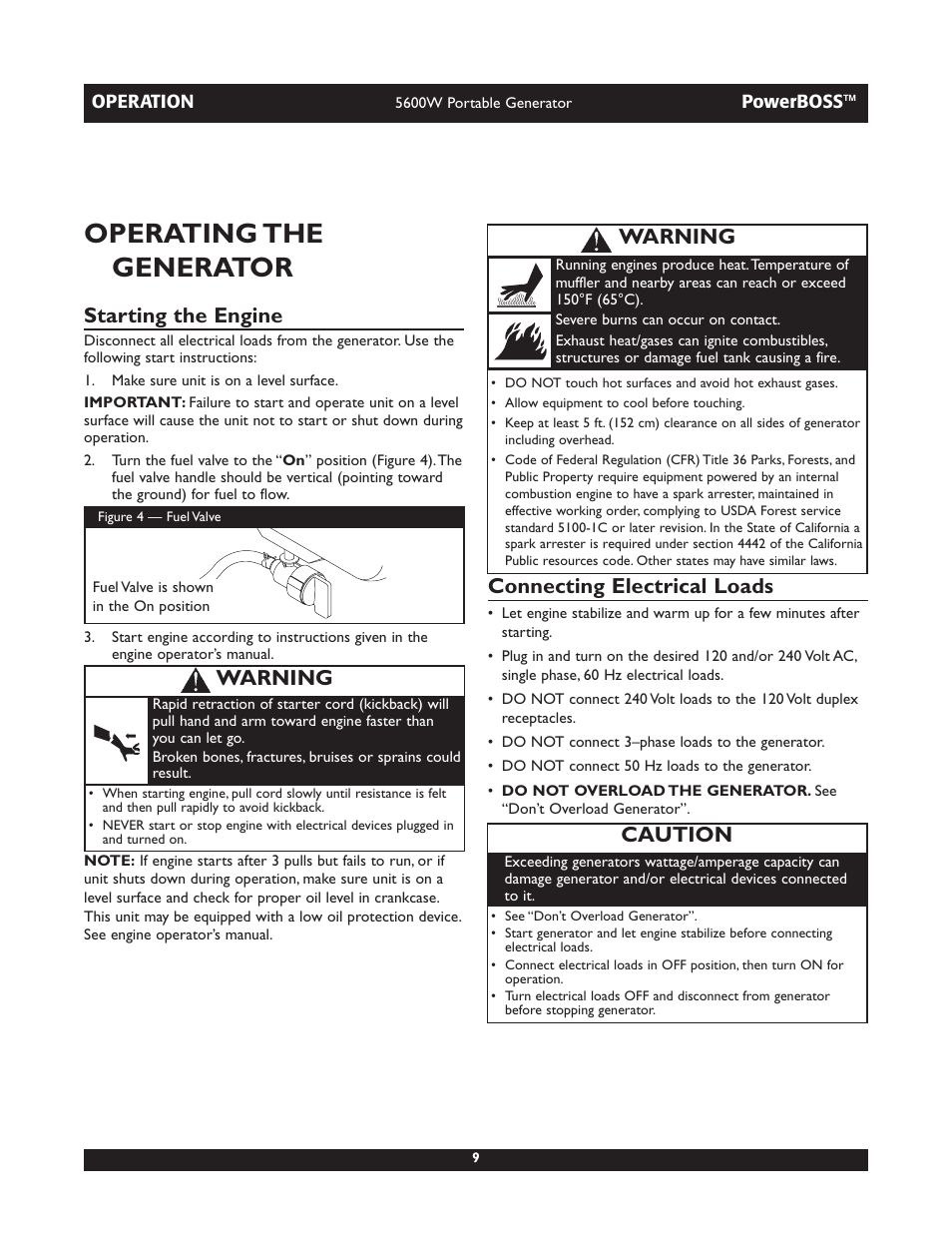 Operating the generator, Starting the engine, Connecting electrical loads | Caution, Warning | Briggs & Stratton PowerBoss 30230 User Manual | Page 9 / 28