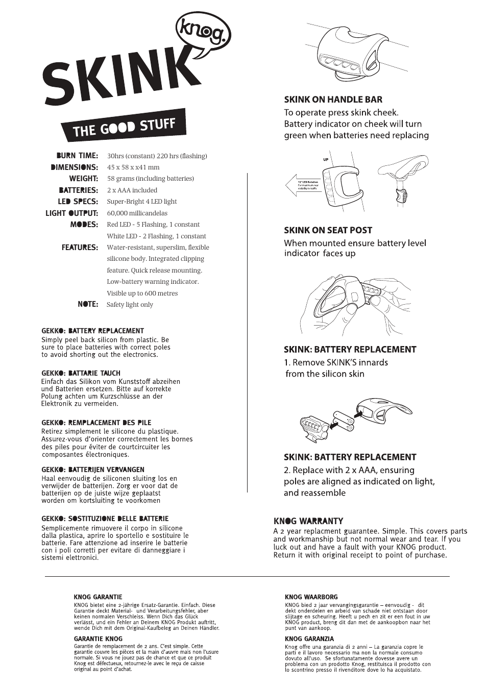 Knog SKINK User Manual | 1 page