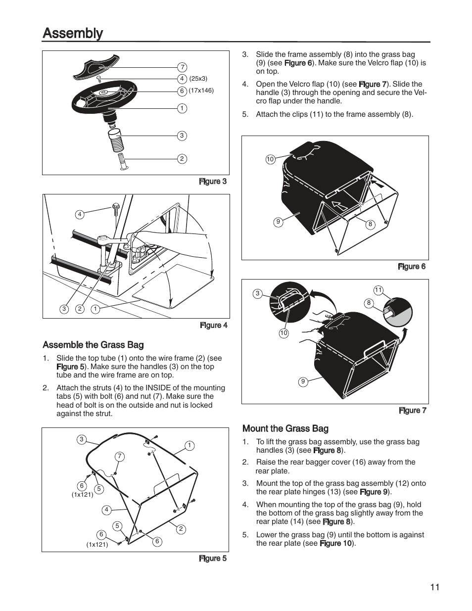 Assembly, Mount the grass bag, Assemble the grass bag | Briggs & Stratton HERITAGE TRACTOR 131F User Manual | Page 11 / 36