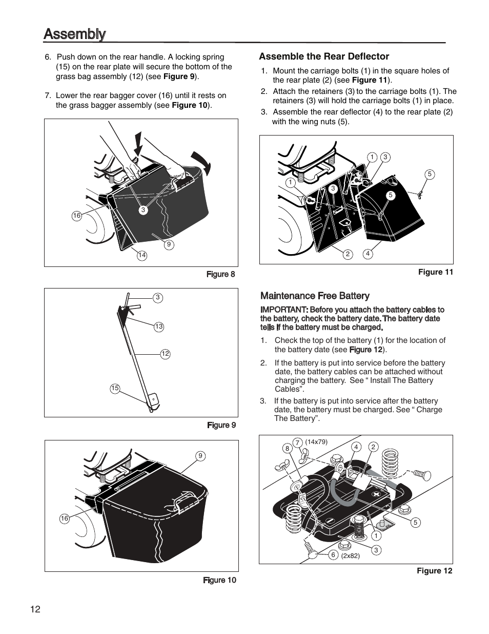 Assembly, Maintenance free battery, Assemble the rear deflector | Briggs & Stratton HERITAGE TRACTOR 131F User Manual | Page 12 / 36