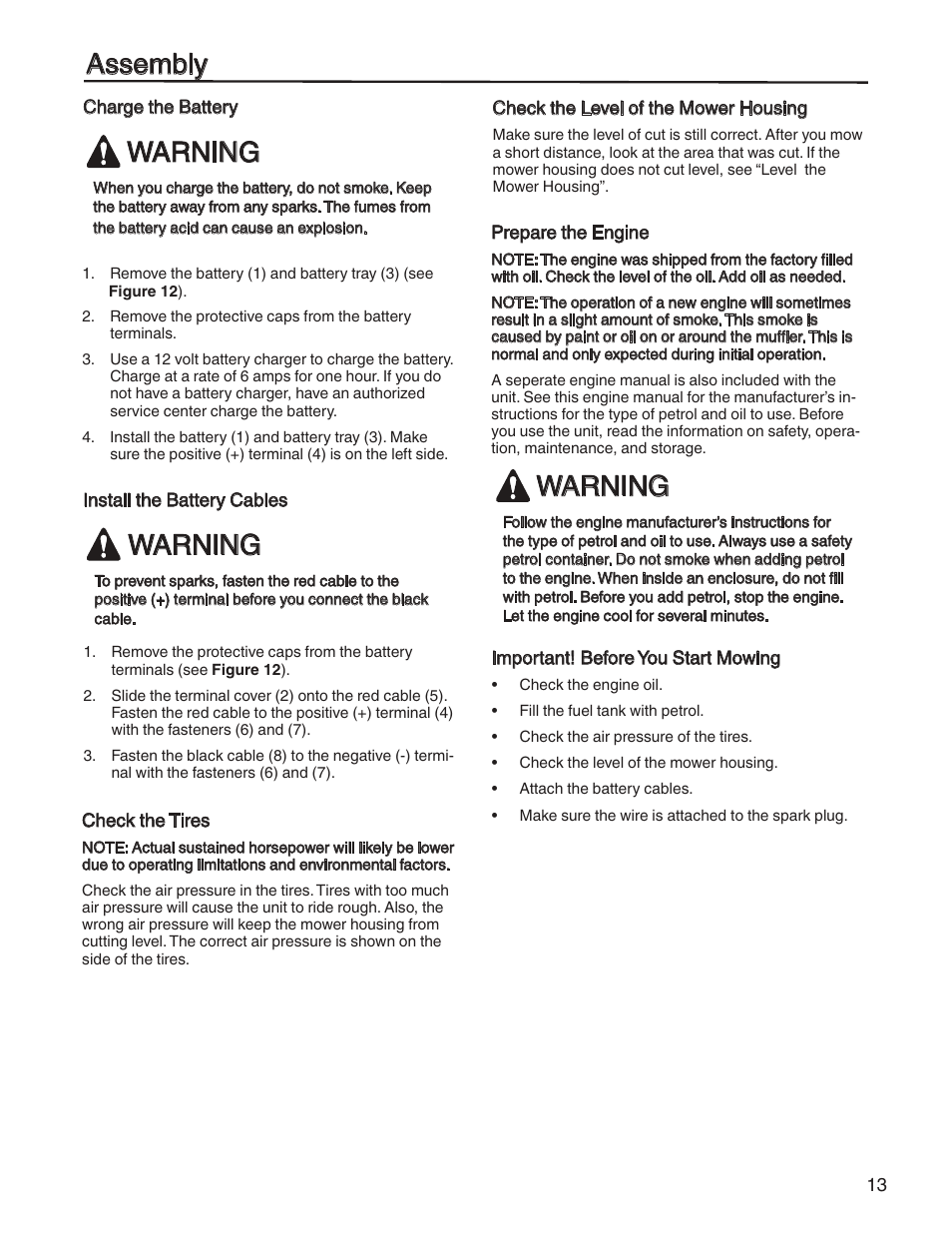 Assembly, Warning | Briggs & Stratton HERITAGE TRACTOR 131F User Manual | Page 13 / 36