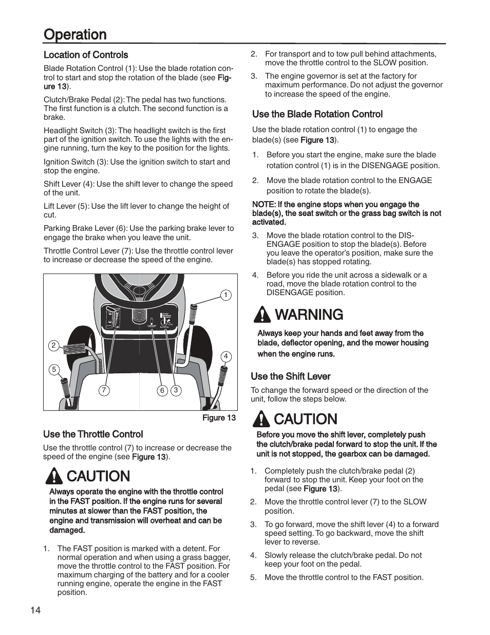 Operation, Caution, Warning | Briggs & Stratton HERITAGE TRACTOR 131F User Manual | Page 14 / 36