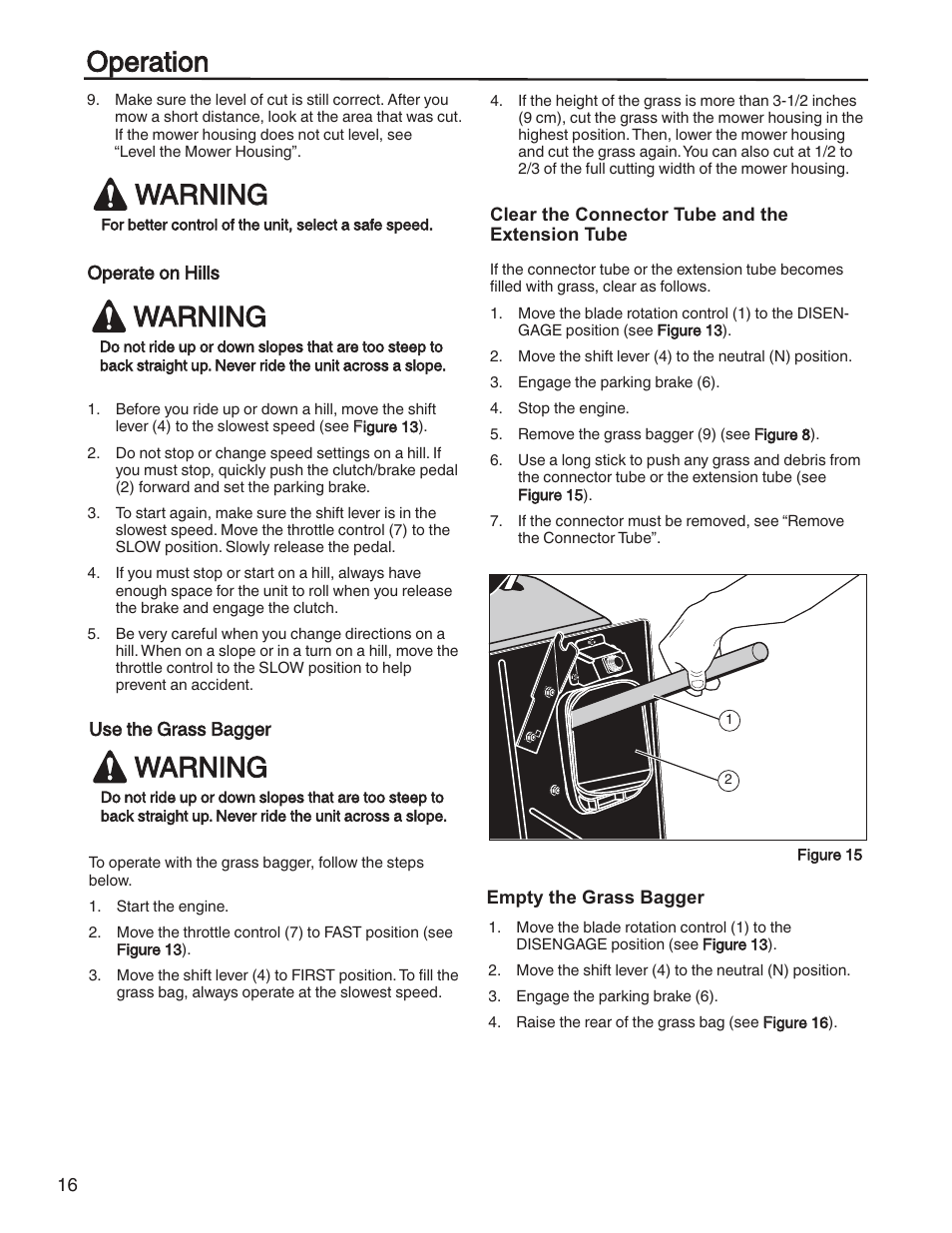 Operation warning, Warning | Briggs & Stratton HERITAGE TRACTOR 131F User Manual | Page 16 / 36