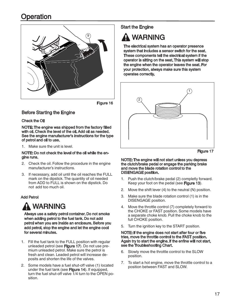Warning, Operation | Briggs & Stratton HERITAGE TRACTOR 131F User Manual | Page 17 / 36