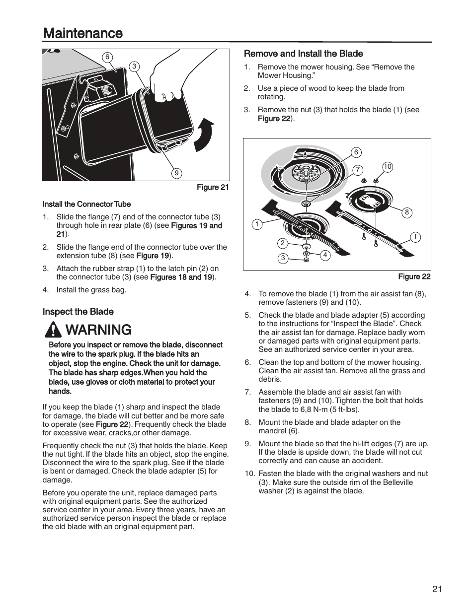 Maintenance, Warning | Briggs & Stratton HERITAGE TRACTOR 131F User Manual | Page 21 / 36