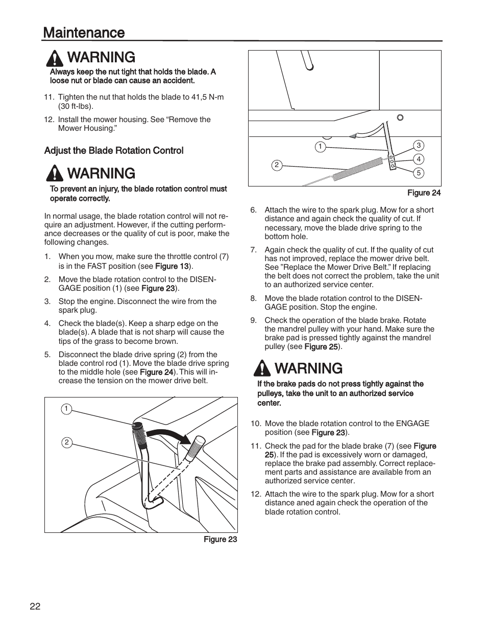 Maintenance warning, Warning | Briggs & Stratton HERITAGE TRACTOR 131F User Manual | Page 22 / 36