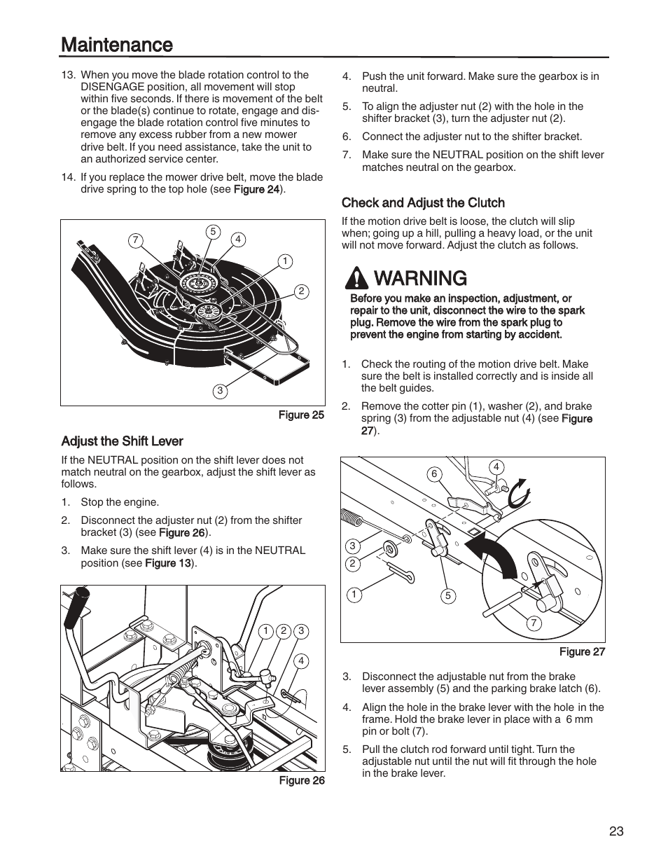 Maintenance, Warning | Briggs & Stratton HERITAGE TRACTOR 131F User Manual | Page 23 / 36