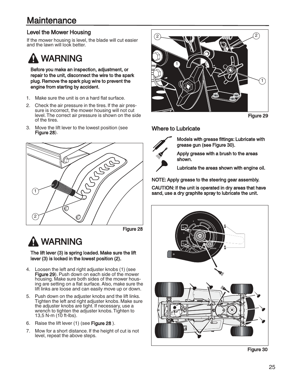 Maintenance, Warning | Briggs & Stratton HERITAGE TRACTOR 131F User Manual | Page 25 / 36