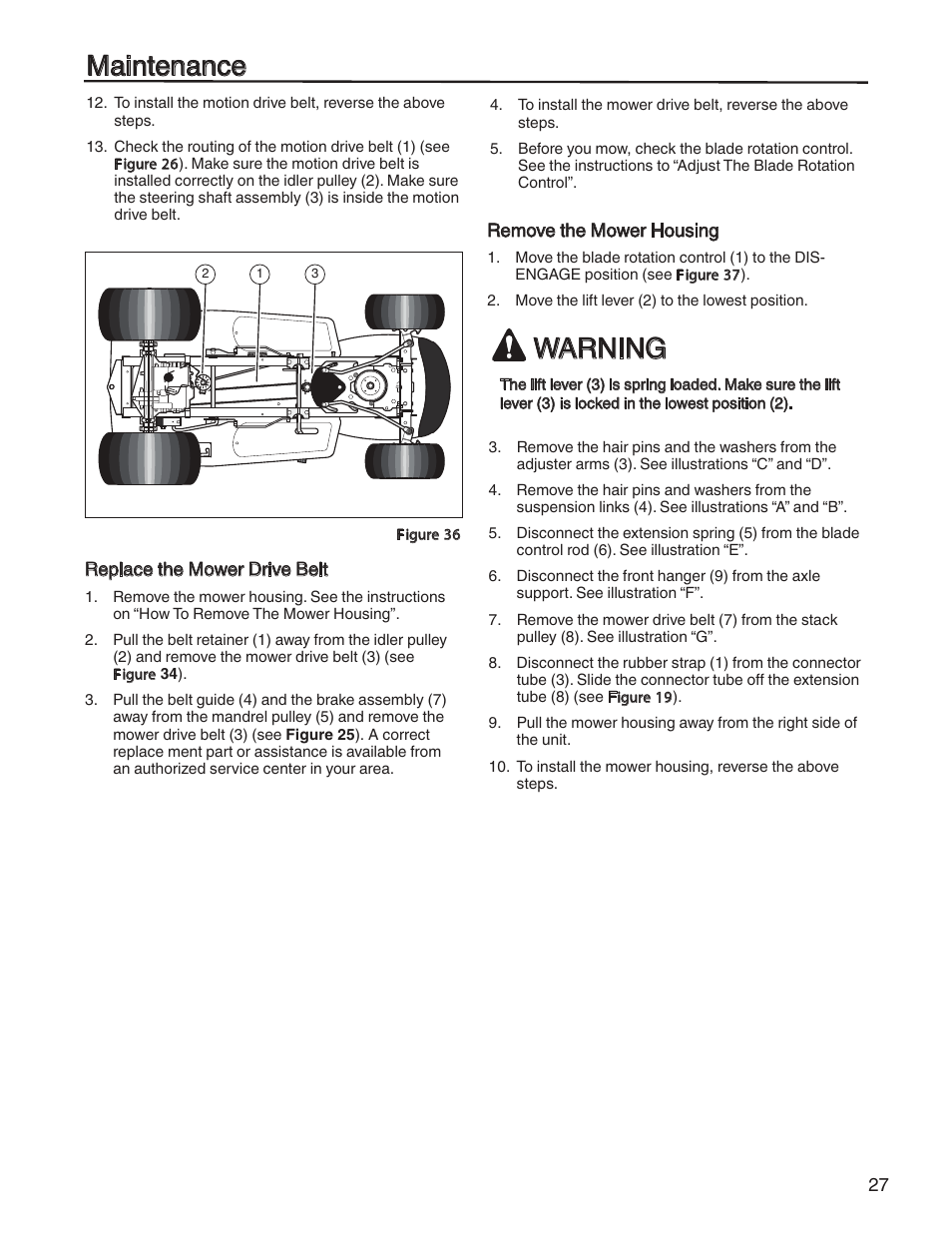 Maintenance, Warning | Briggs & Stratton HERITAGE TRACTOR 131F User Manual | Page 27 / 36