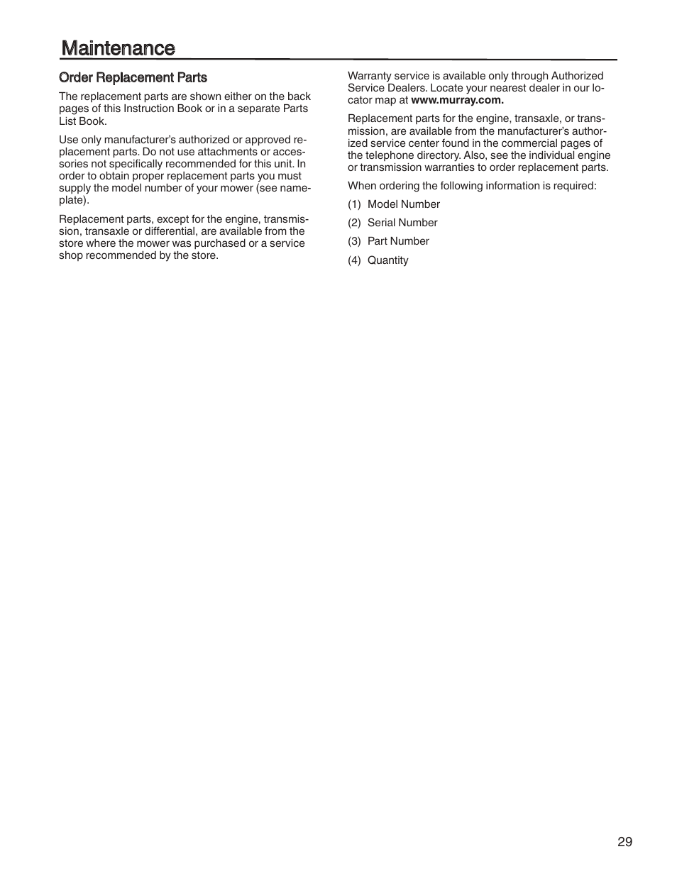 Maintenance | Briggs & Stratton HERITAGE TRACTOR 131F User Manual | Page 29 / 36