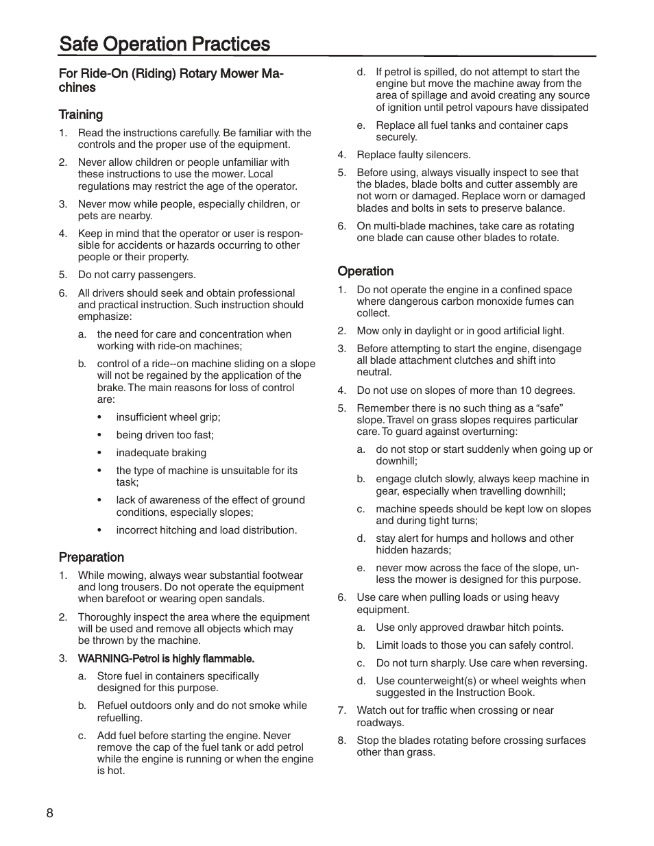 Safe operation practices | Briggs & Stratton HERITAGE TRACTOR 131F User Manual | Page 8 / 36