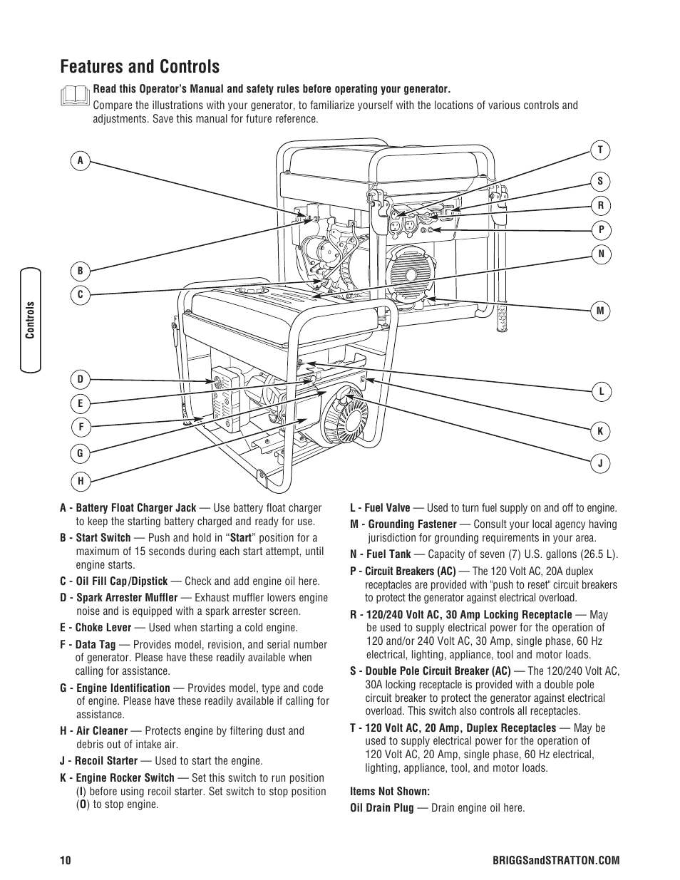 Features and controls | Briggs & Stratton 203985GS User Manual | Page 10 / 84