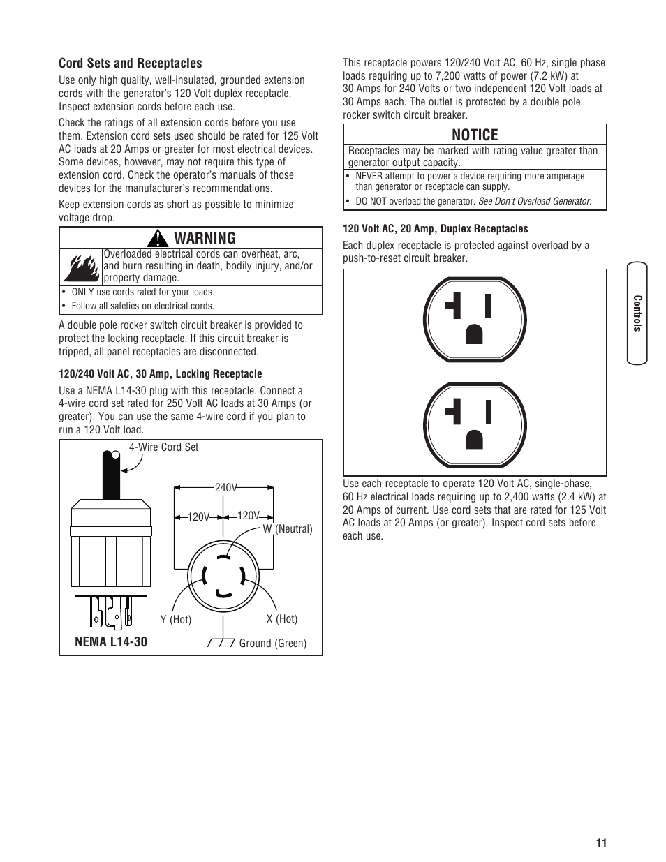 Cord sets and receptacles, Warning, Notice | Briggs & Stratton 203985GS User Manual | Page 11 / 84