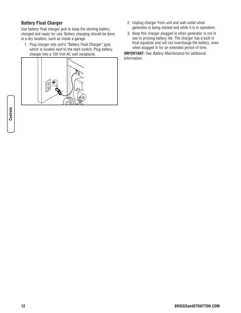 Battery float charger | Briggs & Stratton 203985GS User Manual | Page 12 / 84