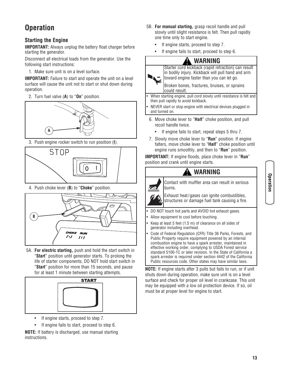 Operation, Starting the engine, Warning | Briggs & Stratton 203985GS User Manual | Page 13 / 84