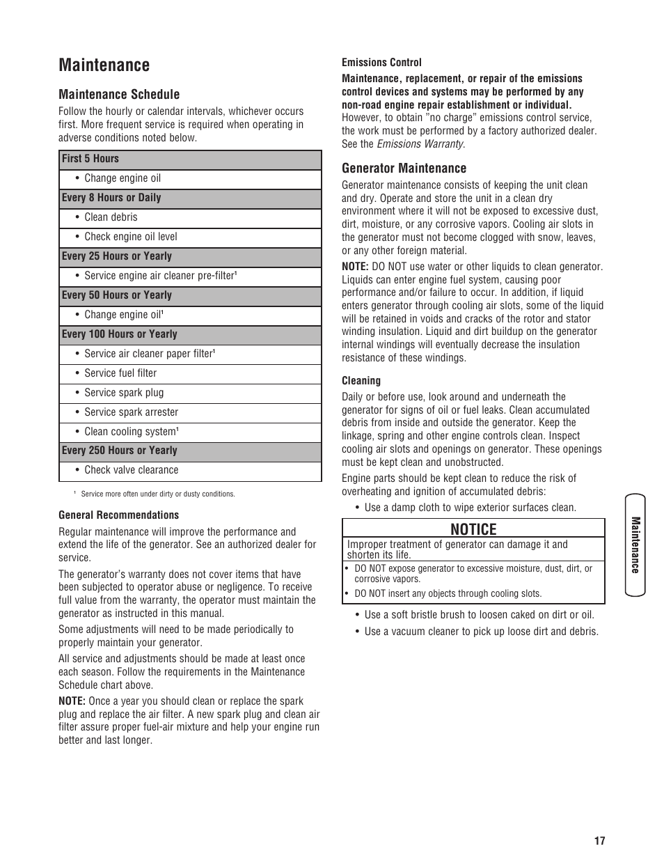 Maintenance, Maintenance schedule generator maintenance, Notice | Maintenance schedule, Generator maintenance | Briggs & Stratton 203985GS User Manual | Page 17 / 84