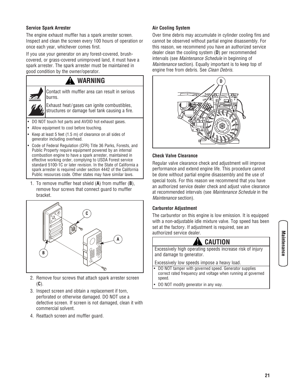 Warning, Caution | Briggs & Stratton 203985GS User Manual | Page 21 / 84