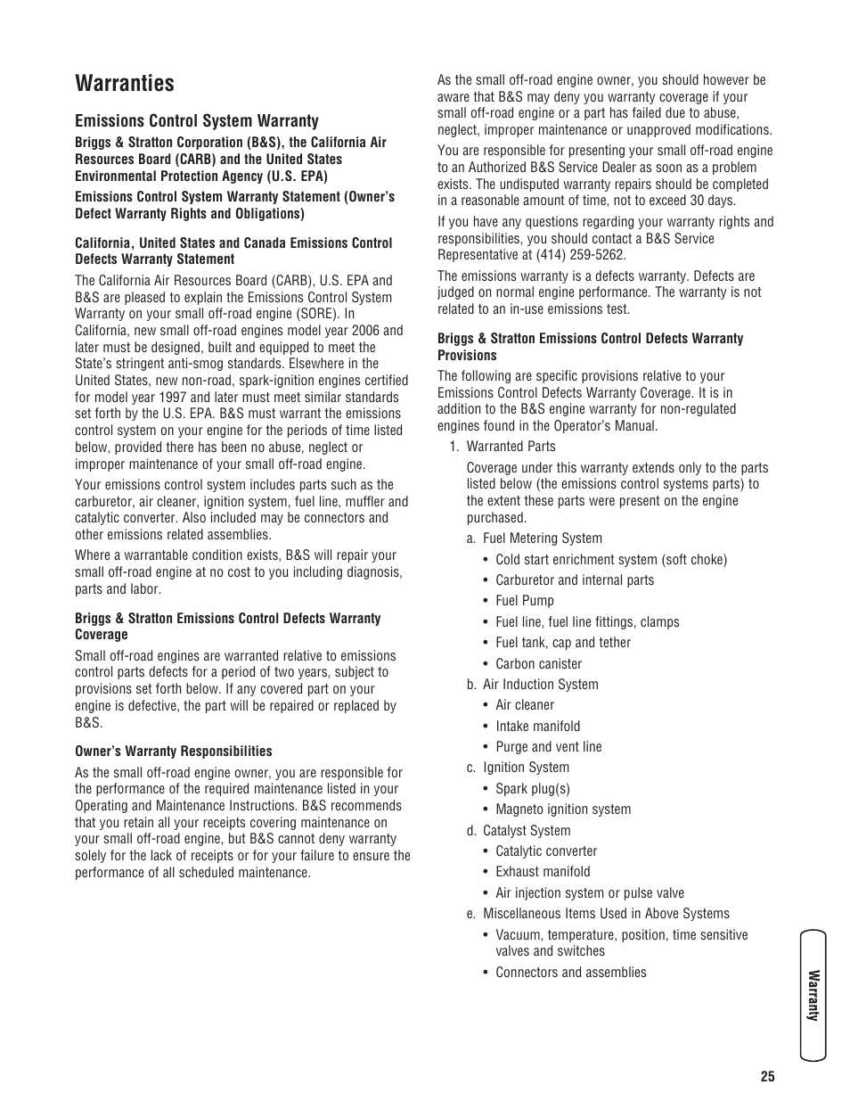 Warranties, Emissions control system warranty | Briggs & Stratton 203985GS User Manual | Page 25 / 84