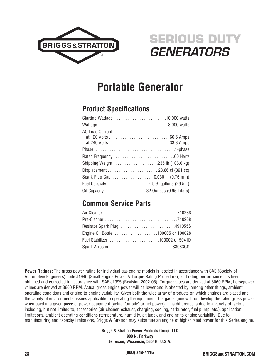 Portable generator, Product specifications, Common service parts | Briggs & Stratton 203985GS User Manual | Page 28 / 84