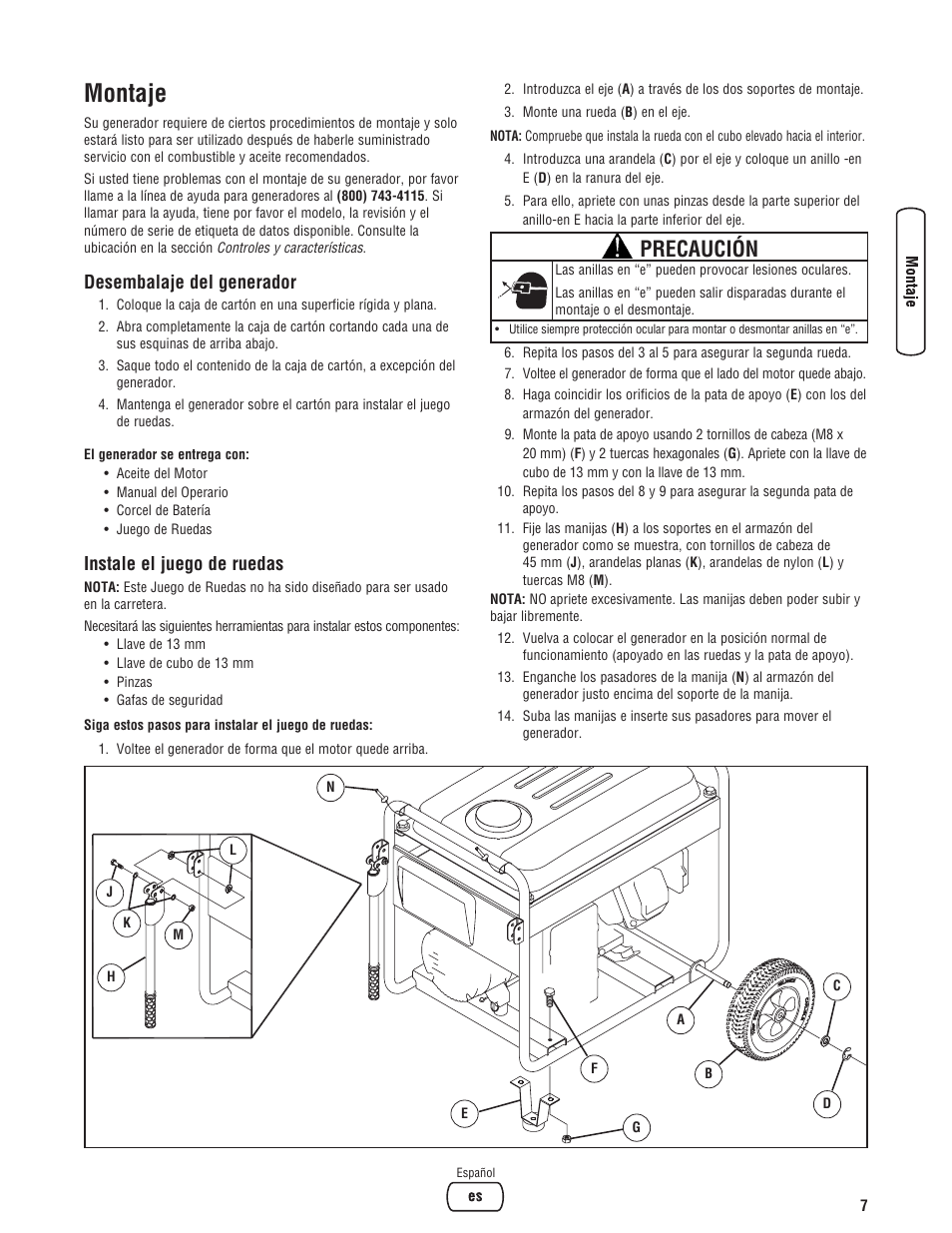 Montaje, Precaución, Desembalaje del generador | Instale el juego de ruedas | Briggs & Stratton 203985GS User Manual | Page 35 / 84