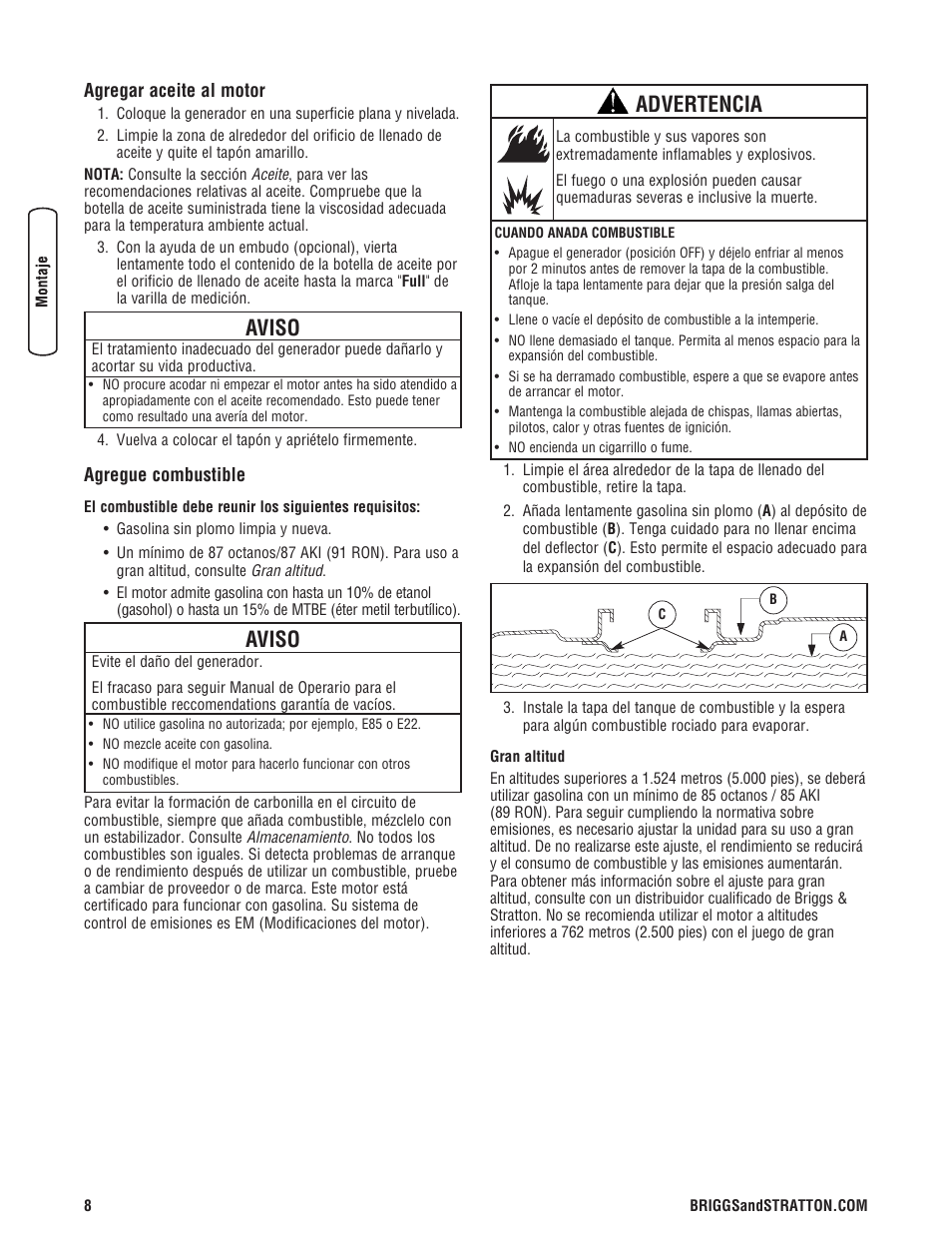 Aviso, Advertencia | Briggs & Stratton 203985GS User Manual | Page 36 / 84