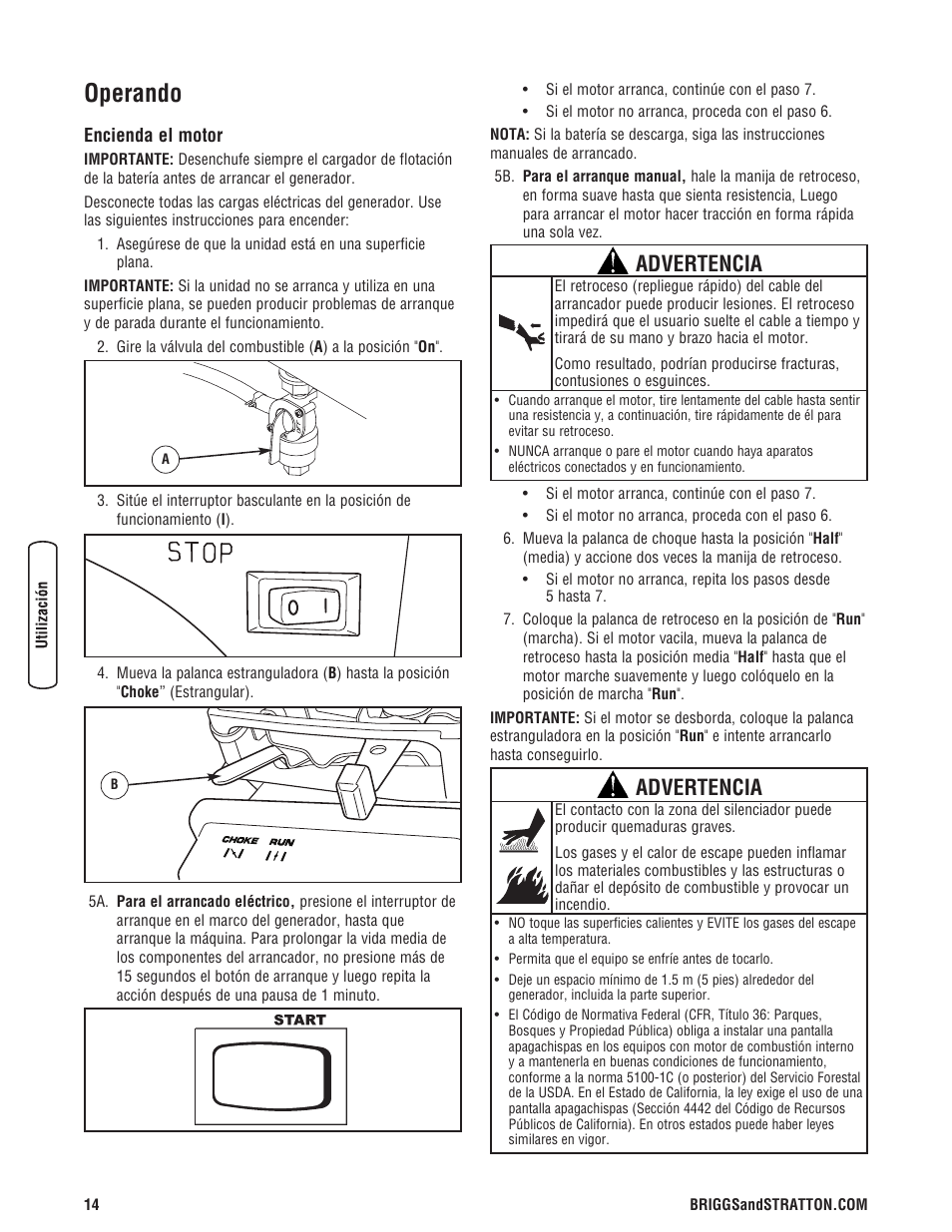 Operando, Advertencia | Briggs & Stratton 203985GS User Manual | Page 42 / 84