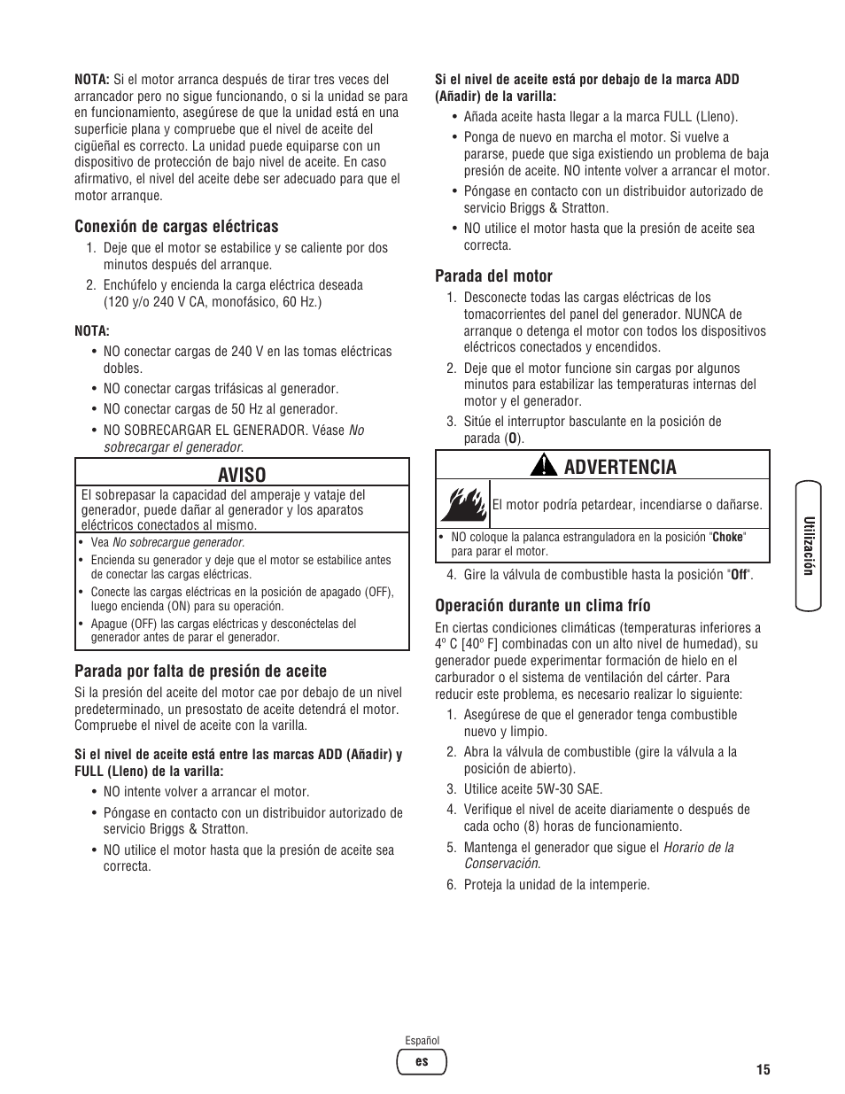 Aviso, Advertencia | Briggs & Stratton 203985GS User Manual | Page 43 / 84
