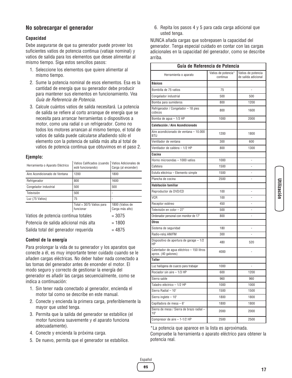 No sobrecargar el generador, Guía de referencia de potencia | Briggs & Stratton 203985GS User Manual | Page 45 / 84