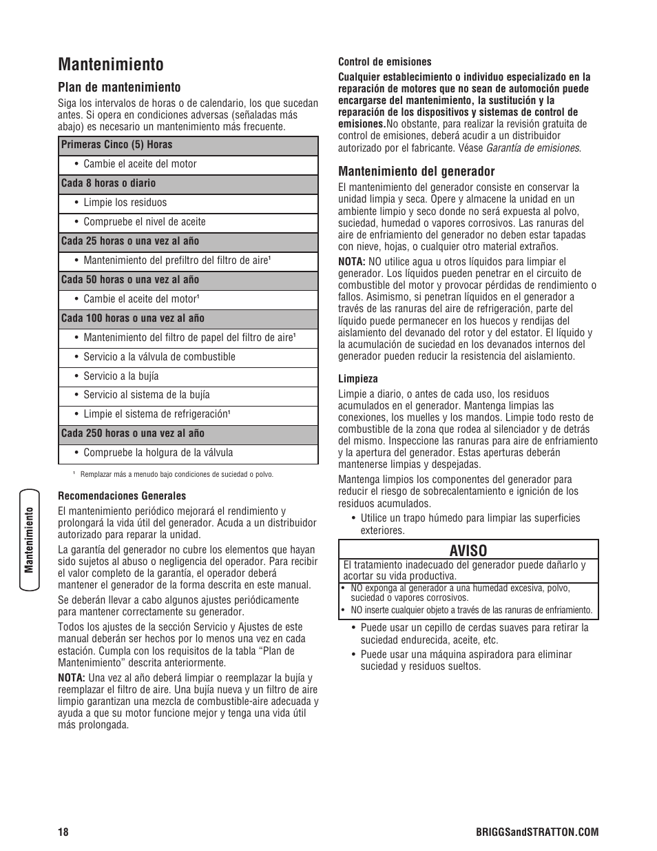 Mantenimiento, Aviso, Plan de mantenimiento | Mantenimiento del generador | Briggs & Stratton 203985GS User Manual | Page 46 / 84